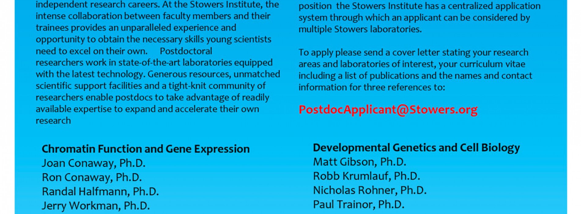 Postdoctoral Opportunities at the Stowers Institute