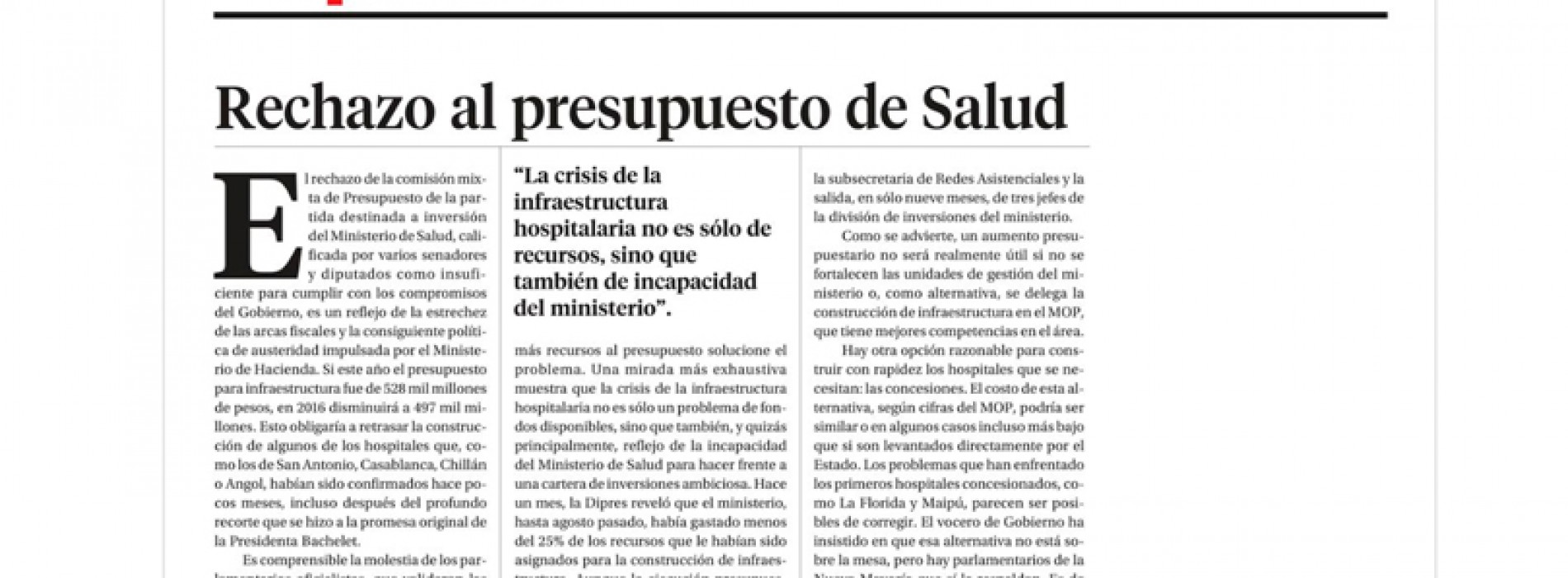 Today in La Segunda "Rejection of the health budget"