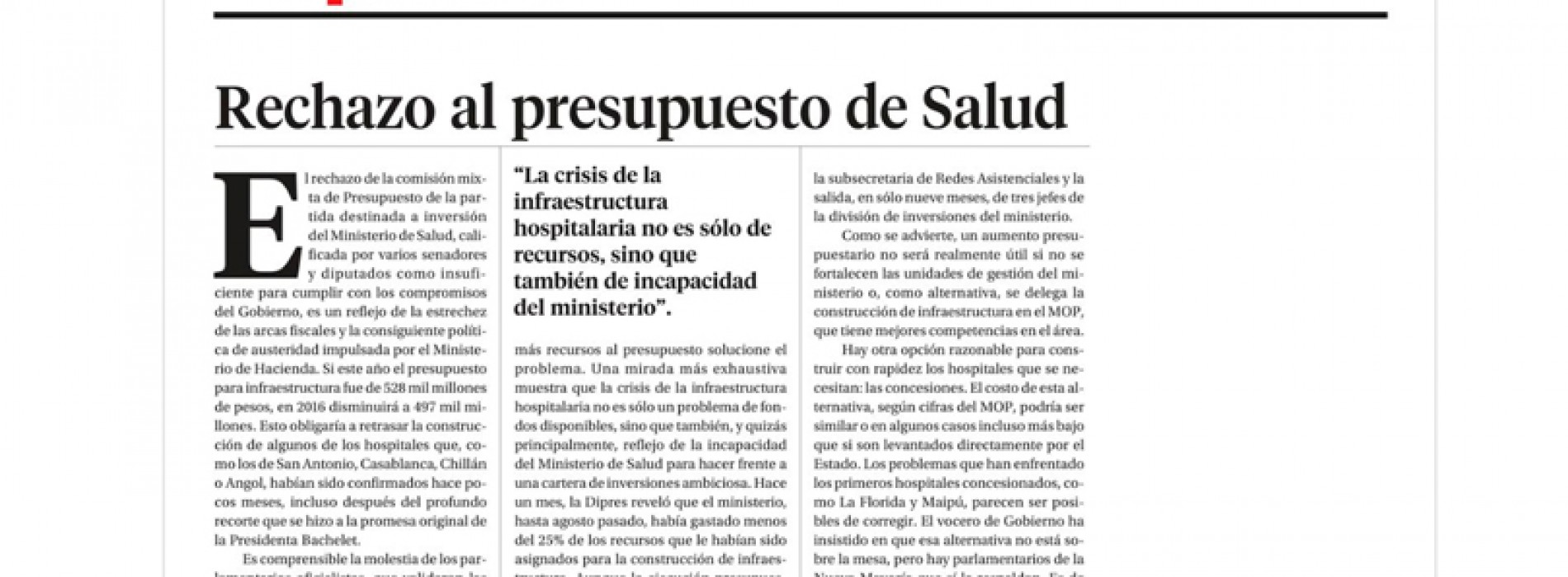 Hoy, en La Segunda «Rechazo al presupuesto de Salud»