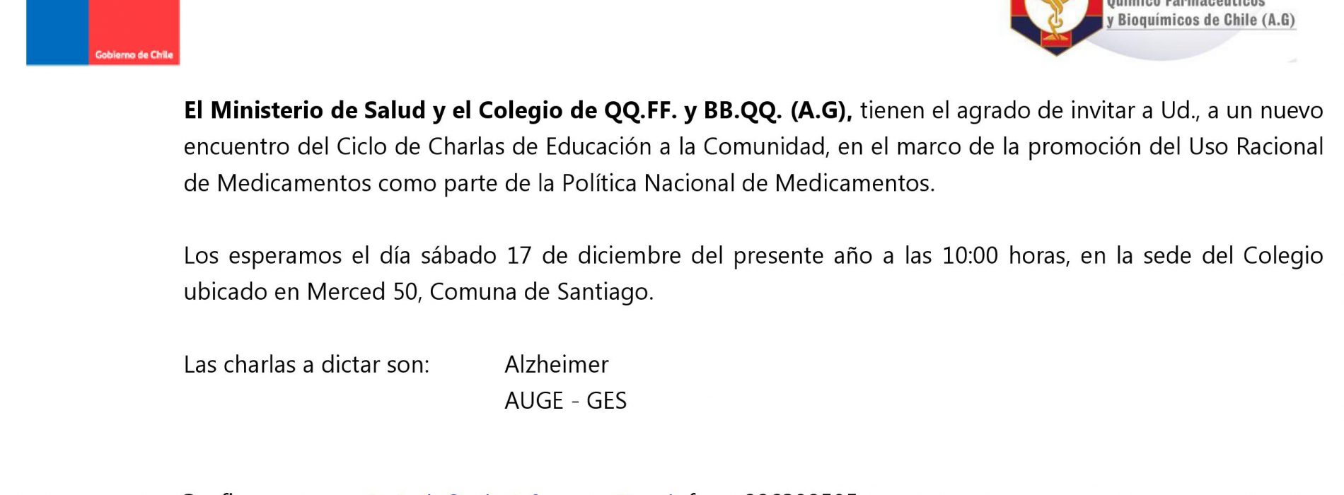 INVITACION CICLO DE CHARLAS MINSAL-COLEGIO QF SÁBADO 17/12